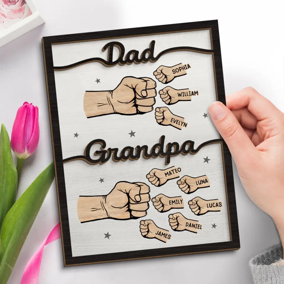 Premier papa, maintenant grand-père - Plaque en bois personnalisée à 2 couches avec support pour la famille - Cadeau pour la fête des pères, papa et grand-père