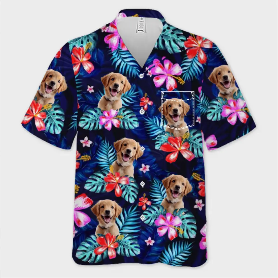 Photo personnalisée « C'est l'été et l'heure de la promenade » - T-shirt hawaïen tropical unisexe personnalisé pour chien et chat - Cadeau de vacances d'été, cadeau pour propriétaires d'animaux, amoureux des animaux