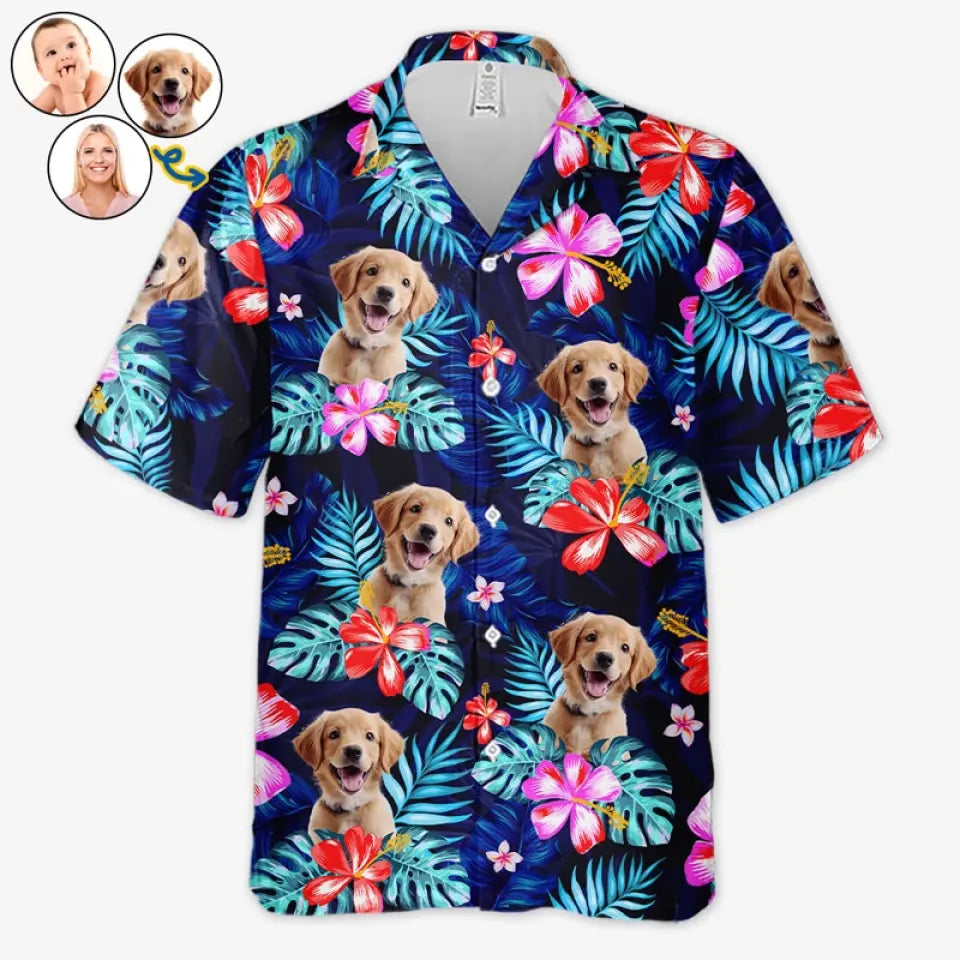 Photo personnalisée « C'est l'été et l'heure de la promenade » - T-shirt hawaïen tropical unisexe personnalisé pour chien et chat - Cadeau de vacances d'été, cadeau pour propriétaires d'animaux, amoureux des animaux