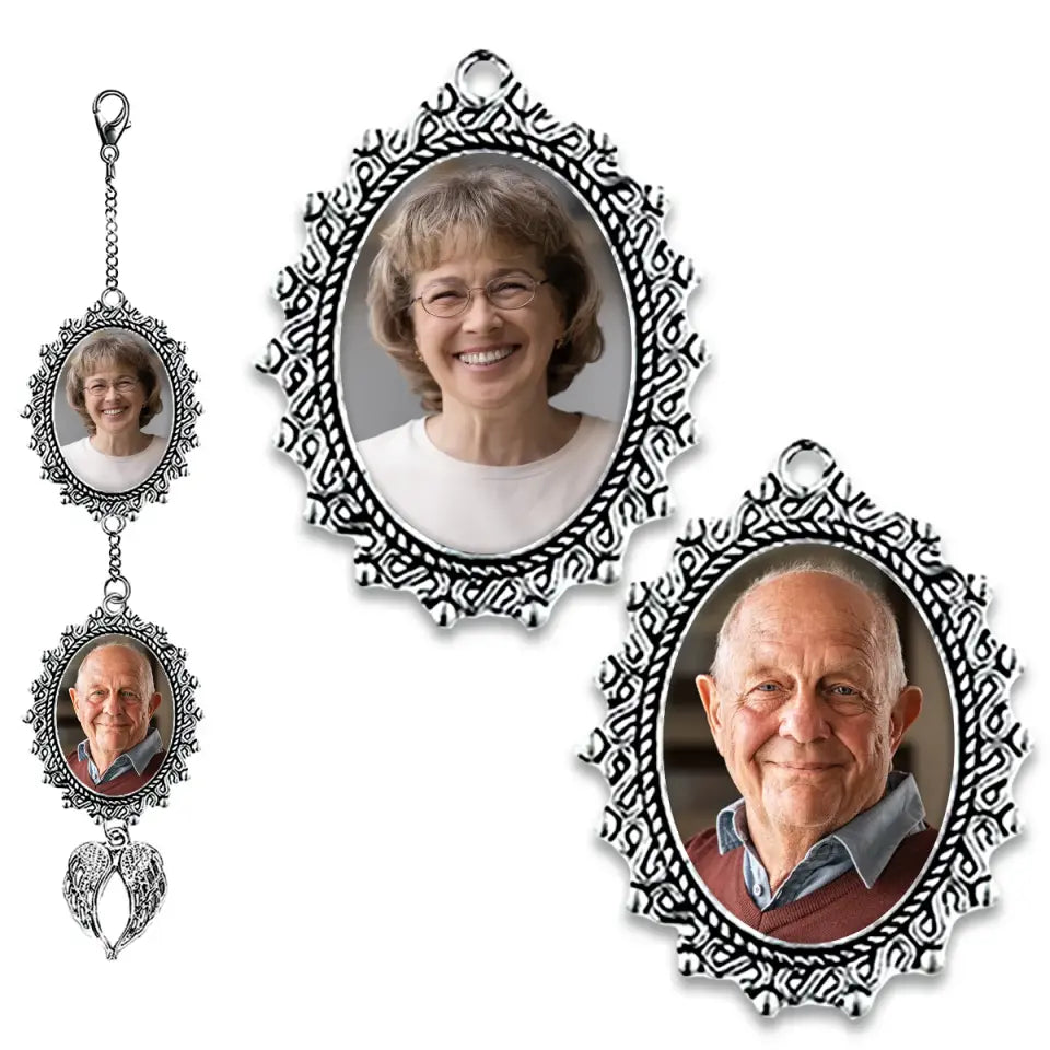 Photo personnalisée pour toujours dans nos cœurs - Breloque photo personnalisée avec pompon de remise de diplôme et ailes d'ange - Cadeau de remise de diplôme pour les membres de la famille, les frères et sœurs