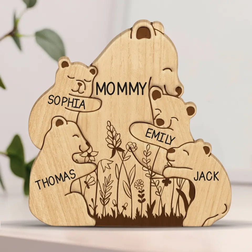 L'amour maternel est la paix - Puzzle en bois personnalisé en forme d'ours - Sculptures d'animaux en bois, ornements de table en sculpture sur bois, décoration en bois sculpté - Cadeau pour maman, grand-mère