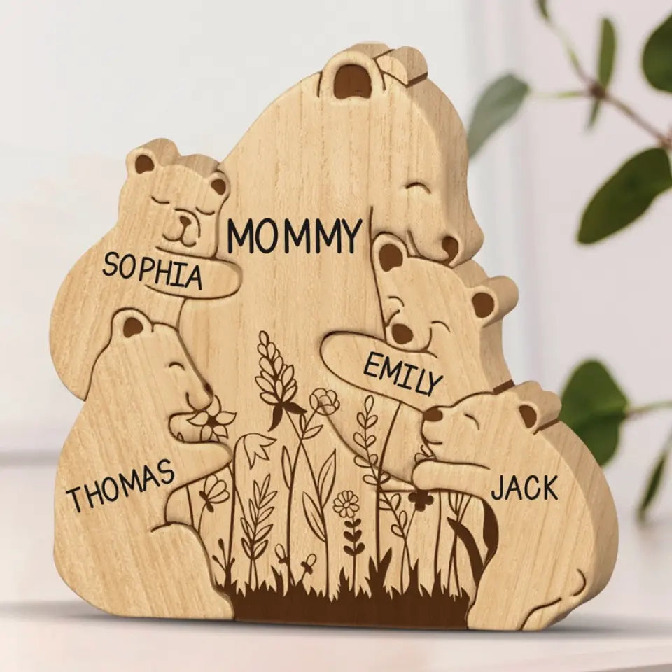 L'amour maternel est la paix - Puzzle en bois personnalisé en forme d'ours - Sculptures d'animaux en bois, ornements de table en sculpture sur bois, décoration en bois sculpté - Cadeau pour maman, grand-mère