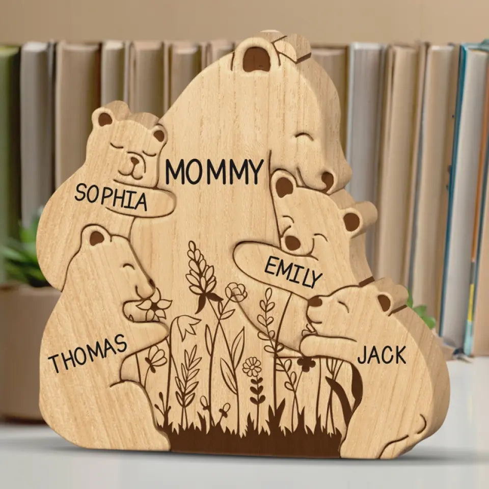 L'amour maternel est la paix - Puzzle en bois personnalisé en forme d'ours - Sculptures d'animaux en bois, ornements de table en sculpture sur bois, décoration en bois sculpté - Cadeau pour maman, grand-mère