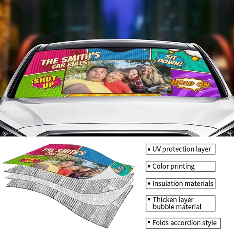 Les souvenirs photo personnalisés se créent sur la route - Pare-soleil personnalisé pour pare-brise de voiture, protection de fenêtre de voiture - Cadeau pour les membres de la famille