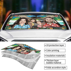 Des souvenirs photo personnalisés se créent kilomètre après kilomètre - Pare-soleil personnalisé pour pare-brise de voiture, protection de fenêtre de voiture - Cadeau pour les membres de la famille