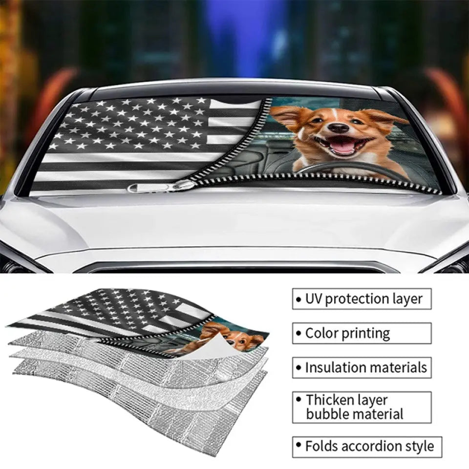 Photo personnalisée : La vie est une grande aventure, vivez-la ! Pare-soleil personnalisé pour pare-brise de voiture, protection de fenêtre de voiture, cadeau pour propriétaires d'animaux et amoureux des animaux.
