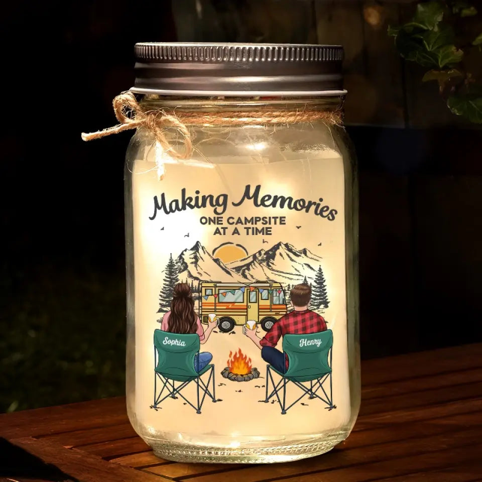 Créer des souvenirs ensemble, côte à côte - Lampe de camping personnalisée en pot Mason - Cadeau pour couple, mari, femme, amoureux du camping