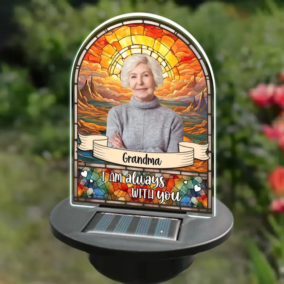 Photo personnalisée « Je suis toujours avec toi » - Lampe solaire de jardin personnalisée - Cadeau de condoléances pour les membres de la famille, les propriétaires d'animaux et les amoureux des animaux