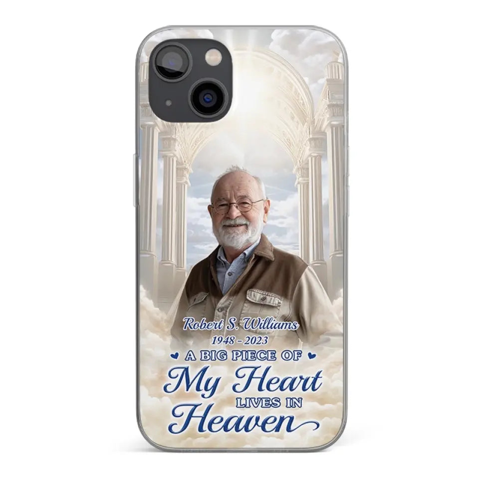 Photo personnalisée : « Un gros morceau de mon cœur vit au paradis » – Étui de téléphone transparent personnalisé commémoratif – Cadeau de condoléances pour les membres de la famille