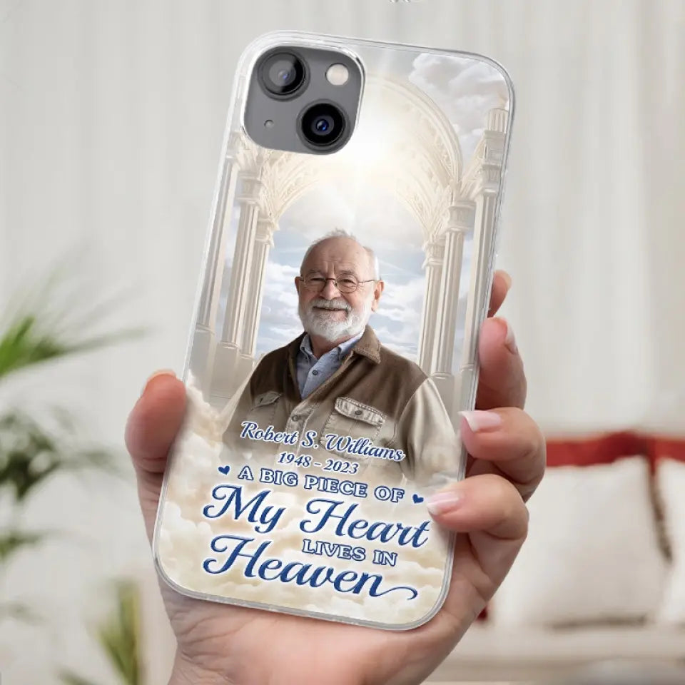 Photo personnalisée : « Un gros morceau de mon cœur vit au paradis » – Étui de téléphone transparent personnalisé commémoratif – Cadeau de condoléances pour les membres de la famille