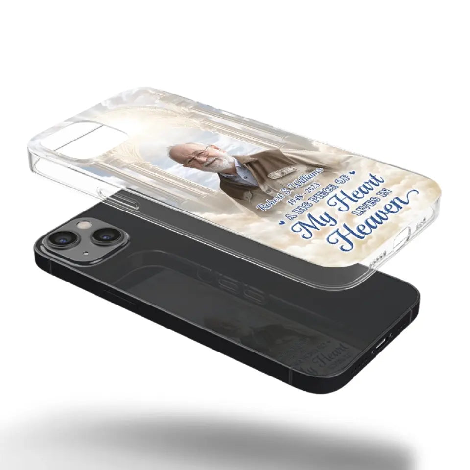 Photo personnalisée : « Un gros morceau de mon cœur vit au paradis » – Étui de téléphone transparent personnalisé commémoratif – Cadeau de condoléances pour les membres de la famille