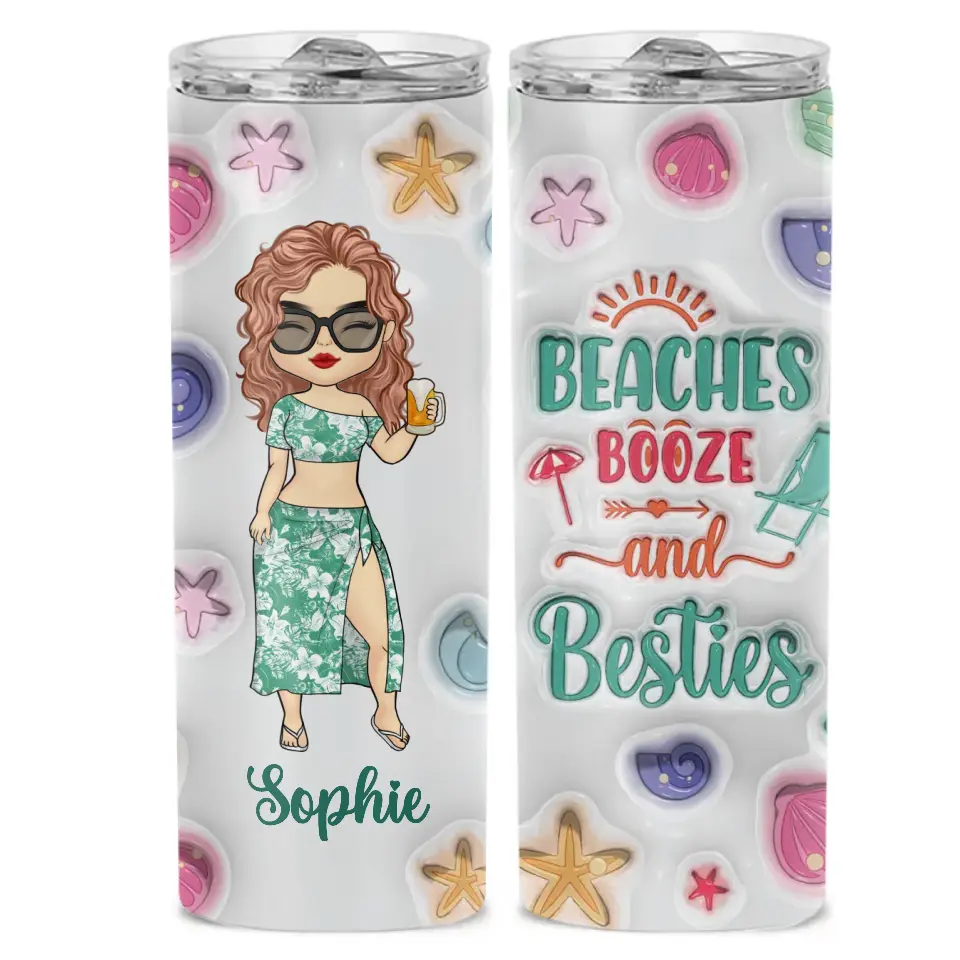 Plages, alcool et meilleures amies - Gobelet fin personnalisé avec effet gonflable 3D imprimé - Cadeau de vacances d'été pour meilleures amies, meilleures amies et sœurs
