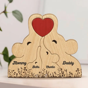 La famille est la chose la plus importante - Puzzle en bois personnalisé en forme d'éléphant - Sculptures d'animaux en bois, ornements de table en sculpture sur bois, décoration en bois sculpté - Cadeau pour les membres de la famille