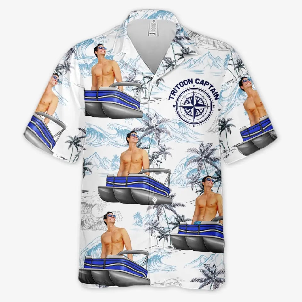 T-shirt hawaïen tropical unisexe personnalisé avec photo « Voilage vers la sérénité » - Cadeau pour les membres de la famille et les amoureux du ponton