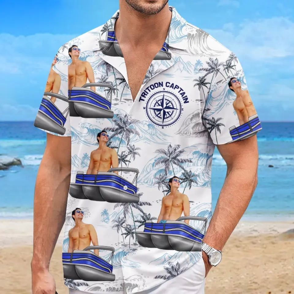 T-shirt hawaïen tropical unisexe personnalisé avec photo « Voilage vers la sérénité » - Cadeau pour les membres de la famille et les amoureux du ponton