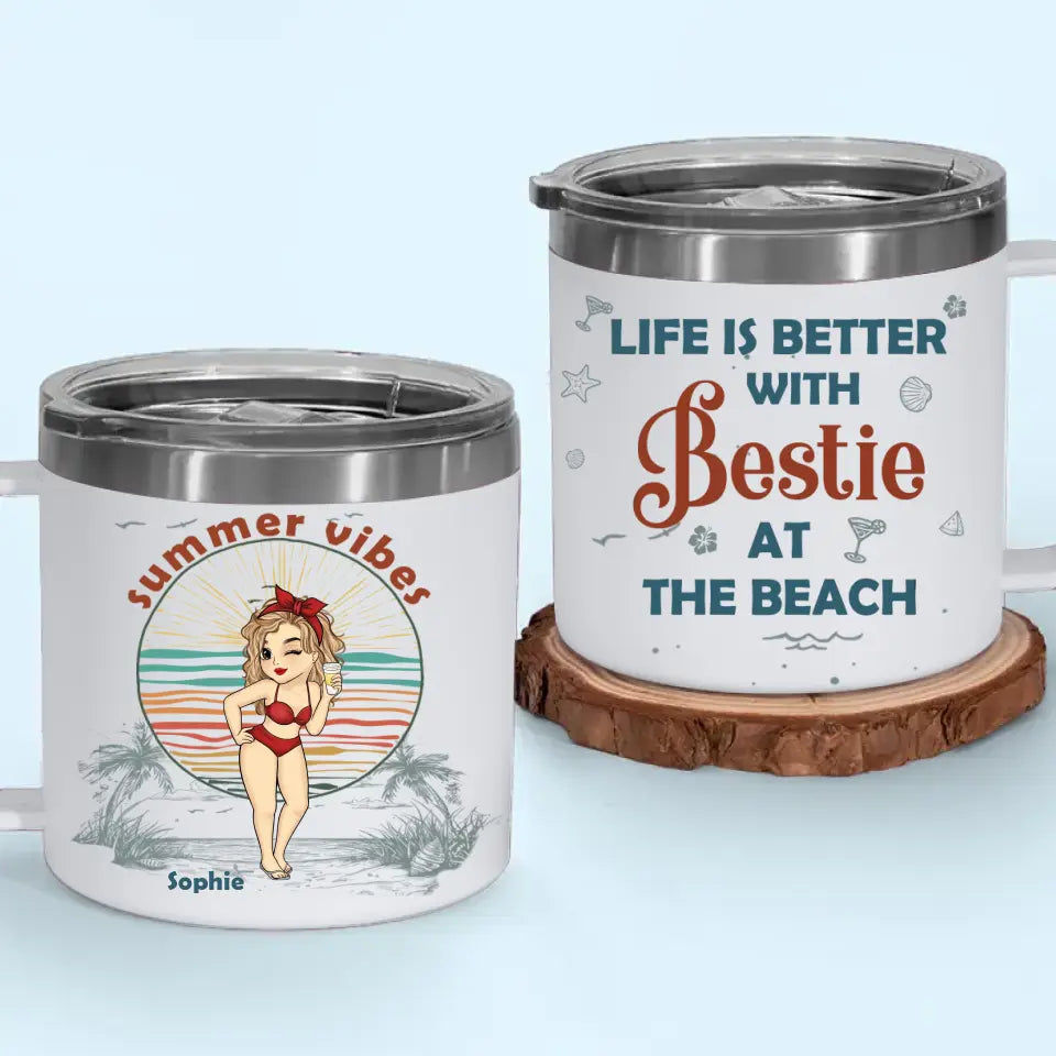 L'été est meilleur avec une meilleure amie - Gobelet personnalisé en acier inoxydable de 14 oz avec poignée - Cadeau de vacances d'été pour les meilleures amies, les meilleures amies et les sœurs