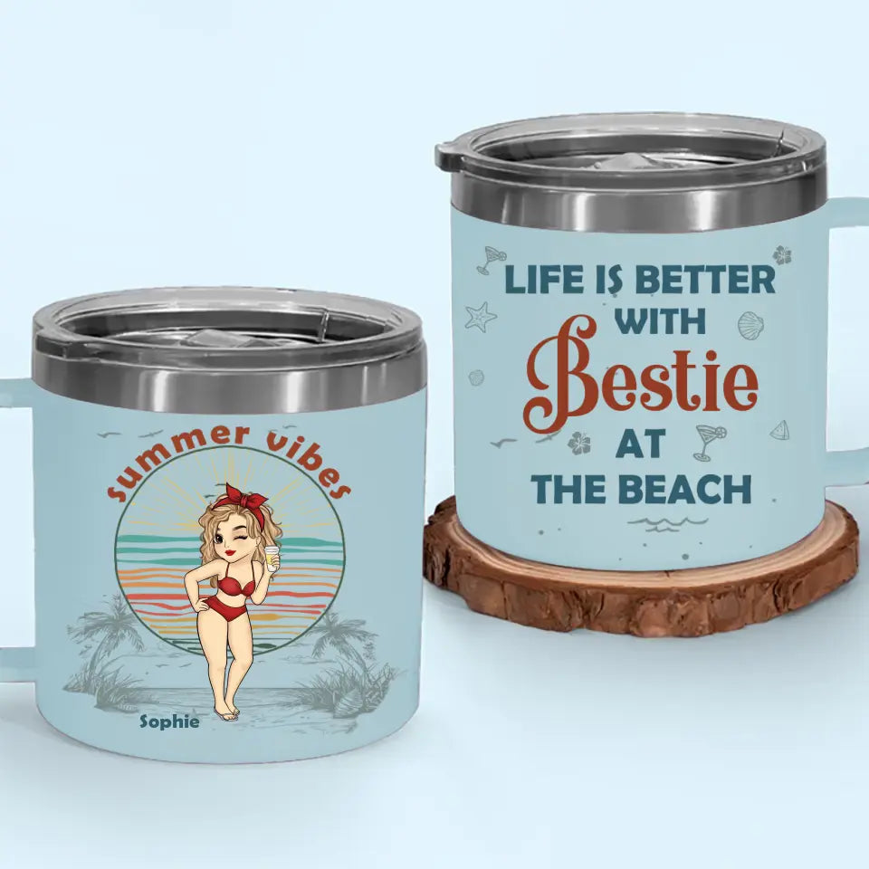 L'été est meilleur avec une meilleure amie - Gobelet personnalisé en acier inoxydable de 14 oz avec poignée - Cadeau de vacances d'été pour les meilleures amies, les meilleures amies et les sœurs