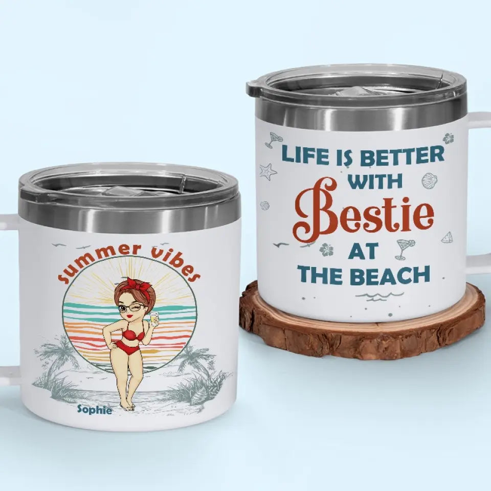 L'été est meilleur avec une meilleure amie - Gobelet personnalisé en acier inoxydable de 14 oz avec poignée - Cadeau de vacances d'été pour les meilleures amies, les meilleures amies et les sœurs