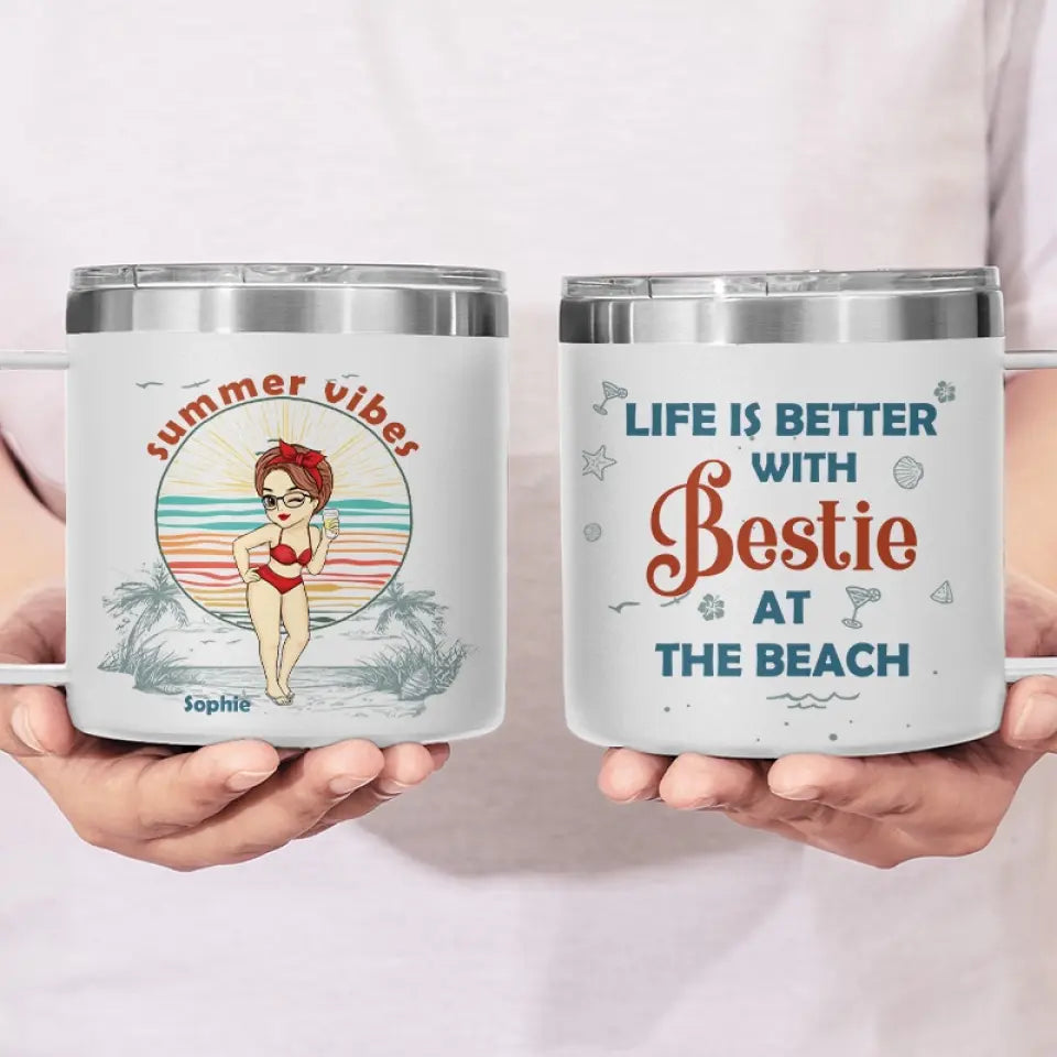 L'été est meilleur avec une meilleure amie - Gobelet personnalisé en acier inoxydable de 14 oz avec poignée - Cadeau de vacances d'été pour les meilleures amies, les meilleures amies et les sœurs
