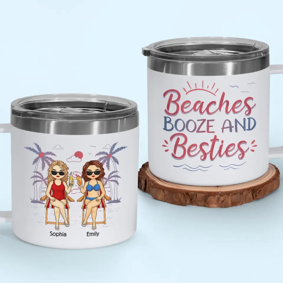 Amis, soleil et moments adorables - Gobelet personnalisé en acier inoxydable de 14 oz avec poignée - Cadeau de vacances d'été pour meilleures amies, meilleures amies et sœurs