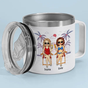 Amis, soleil et moments adorables - Gobelet personnalisé en acier inoxydable de 14 oz avec poignée - Cadeau de vacances d'été pour meilleures amies, meilleures amies et sœurs