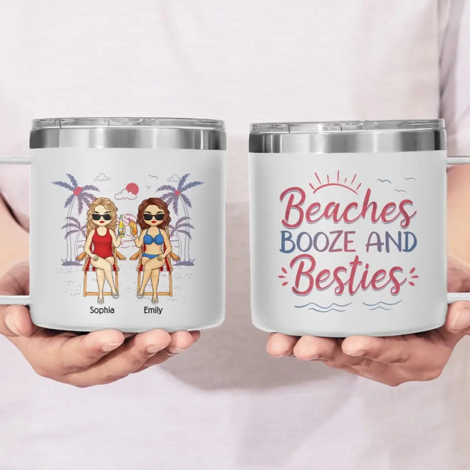 Amis, soleil et moments adorables - Gobelet personnalisé en acier inoxydable de 14 oz avec poignée - Cadeau de vacances d'été pour meilleures amies, meilleures amies et sœurs