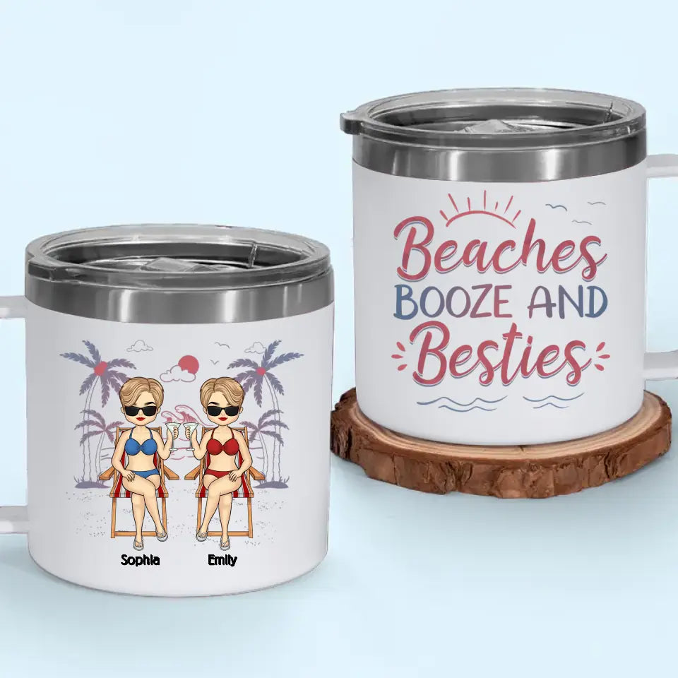 Amis, soleil et moments adorables - Gobelet personnalisé en acier inoxydable de 14 oz avec poignée - Cadeau de vacances d'été pour meilleures amies, meilleures amies et sœurs