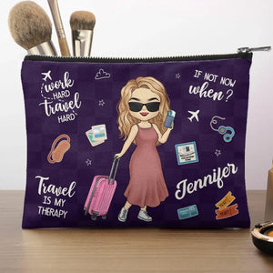Travaillez dur, voyagez dur - Trousse de maquillage personnalisée - Cadeau de vacances, cadeau pour les amateurs de voyages d'aventure