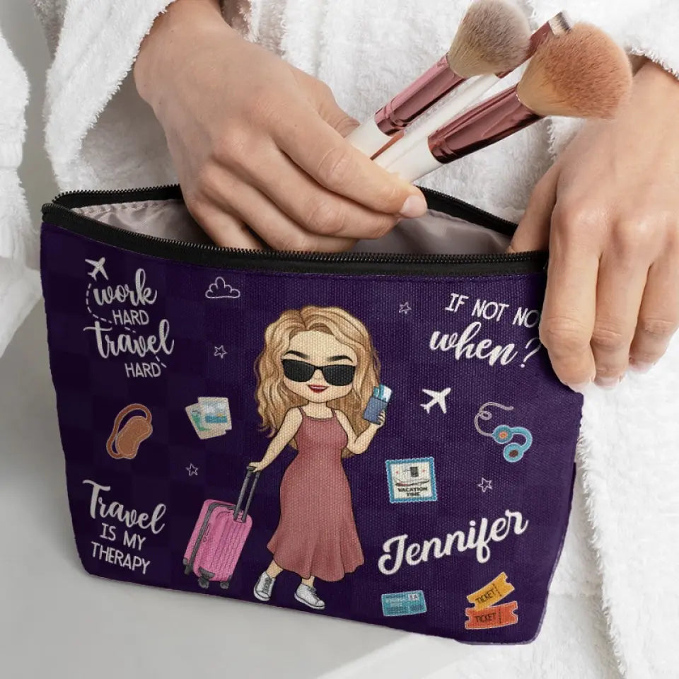 Travaillez dur, voyagez dur - Trousse de maquillage personnalisée - Cadeau de vacances, cadeau pour les amateurs de voyages d'aventure
