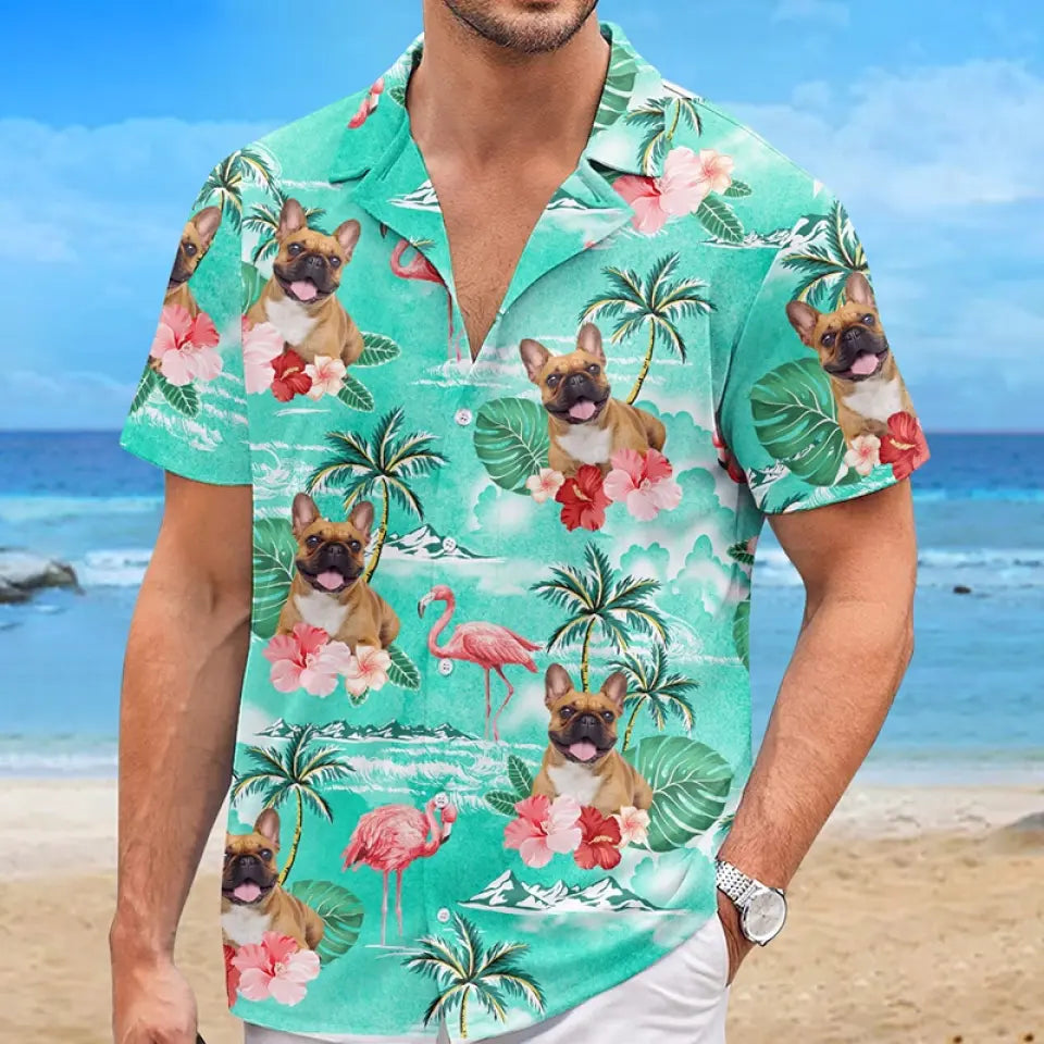 T-shirt hawaïen unisexe personnalisé avec photo « Apportez la joie à la plage » pour chien et chat - Cadeau idéal pour les vacances d'été, les propriétaires d'animaux et les amoureux des animaux.