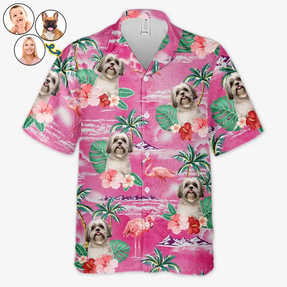 T-shirt hawaïen unisexe personnalisé avec photo « Apportez la joie à la plage » pour chien et chat - Cadeau idéal pour les vacances d'été, les propriétaires d'animaux et les amoureux des animaux.