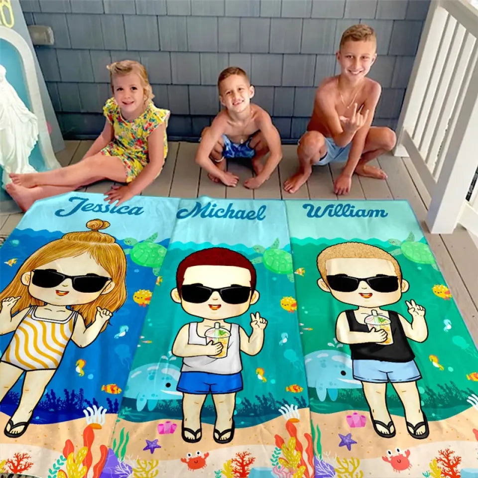 Été, plage, piscine, voyage et enfants - Serviette de plage personnalisée pour toute la famille - Cadeau de vacances d'été, cadeau d'anniversaire pour les membres de la famille
