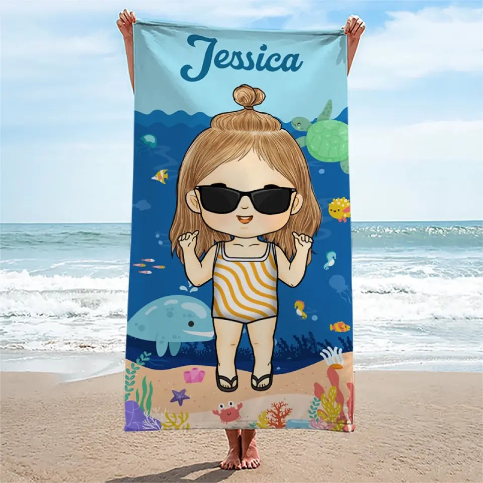 Été, plage, piscine, voyage et enfants - Serviette de plage personnalisée pour toute la famille - Cadeau de vacances d'été, cadeau d'anniversaire pour les membres de la famille