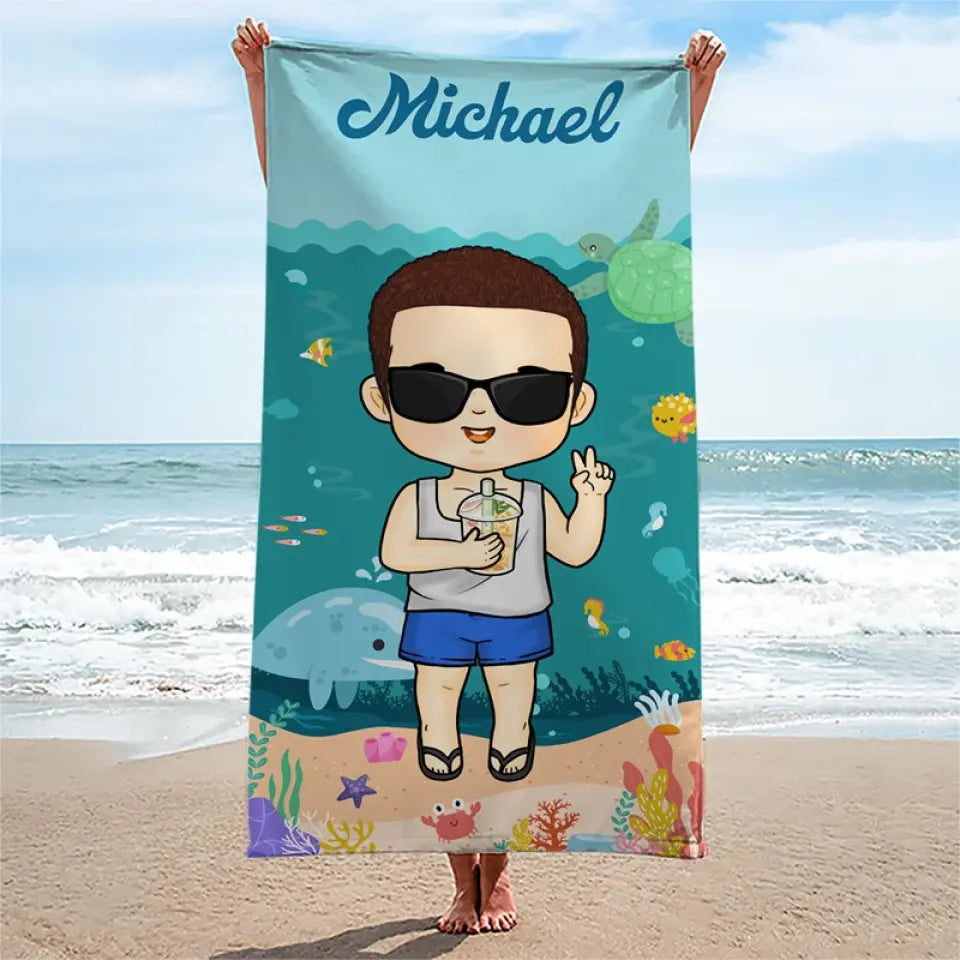 Été, plage, piscine, voyage et enfants - Serviette de plage personnalisée pour toute la famille - Cadeau de vacances d'été, cadeau d'anniversaire pour les membres de la famille