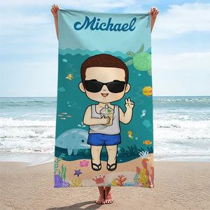 Été, plage, piscine, voyage et enfants - Serviette de plage personnalisée pour toute la famille - Cadeau de vacances d'été, cadeau d'anniversaire pour les membres de la famille