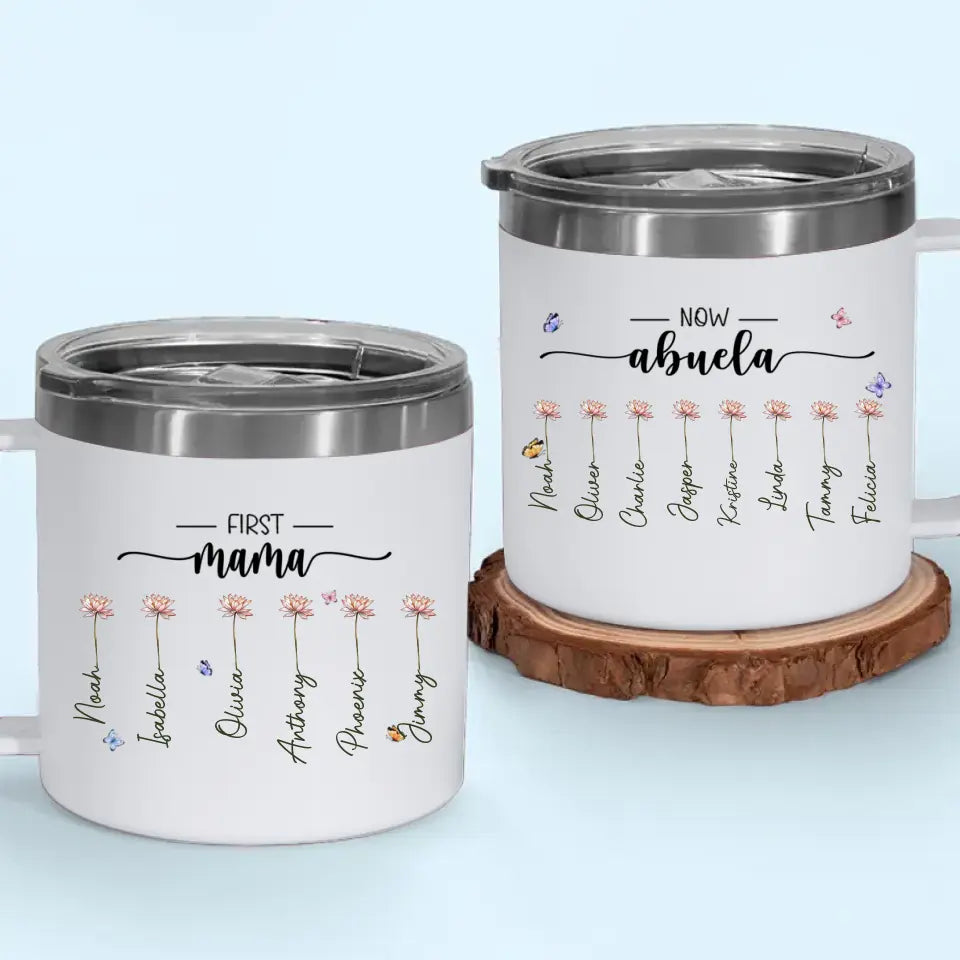 D'abord maman, maintenant grand-mère - Gobelet personnalisé en acier inoxydable de 14 oz avec poignée - Cadeau pour maman et grand-mère