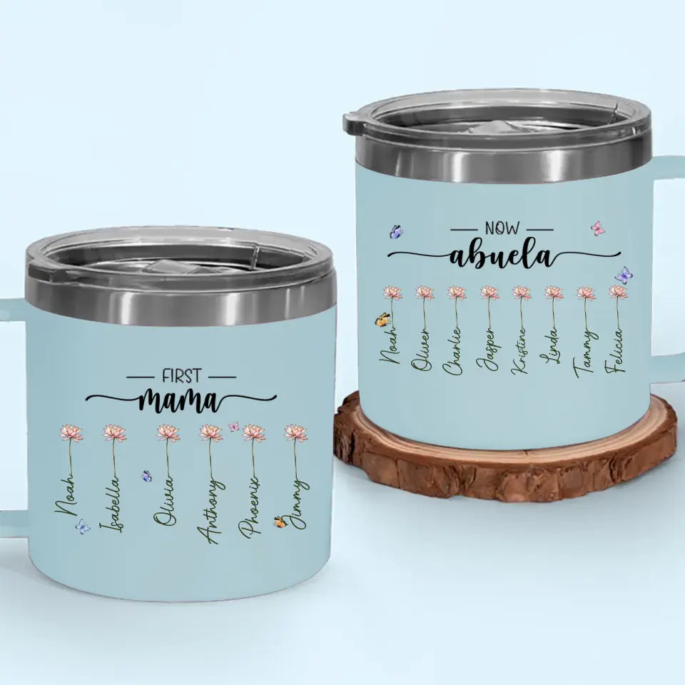 D'abord maman, maintenant grand-mère - Gobelet personnalisé en acier inoxydable de 14 oz avec poignée - Cadeau pour maman et grand-mère