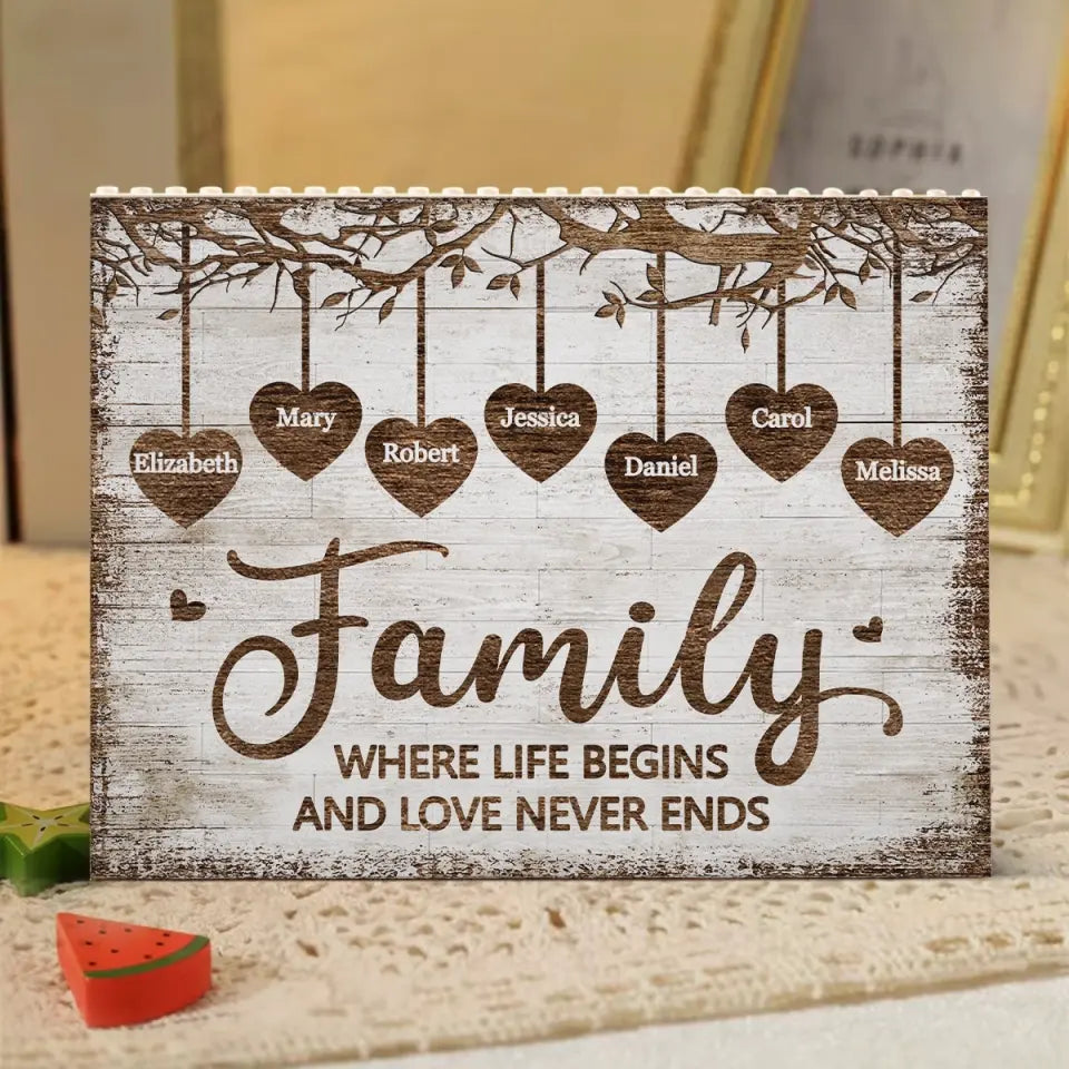 La famille est là où l'amour ne finit jamais - Blocs de construction rectangulaires horizontaux personnalisés pour la famille - Cadeau pour les membres de la famille