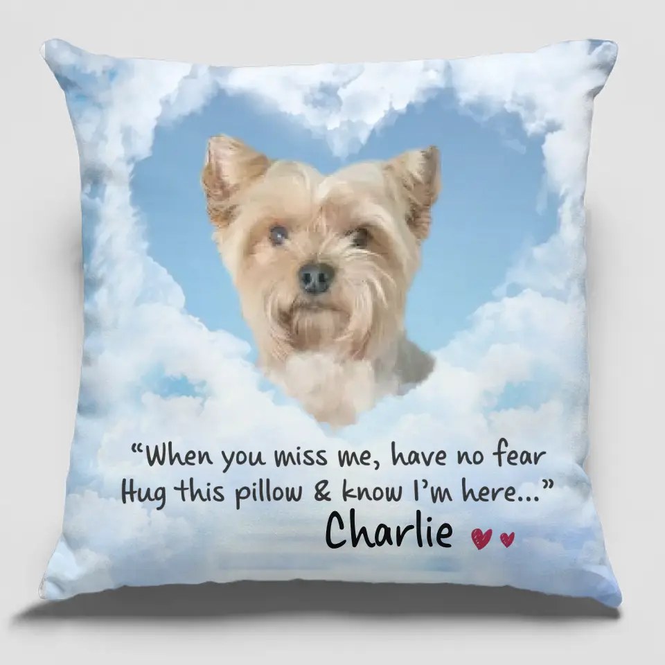 Photo personnalisée Je suis au paradis mais mon cœur est toujours là avec toi AMZ - Coussin personnalisé commémoratif - Nouveauté, cadeau de condoléances, cadeau pour les propriétaires d'animaux, les amoureux des animaux