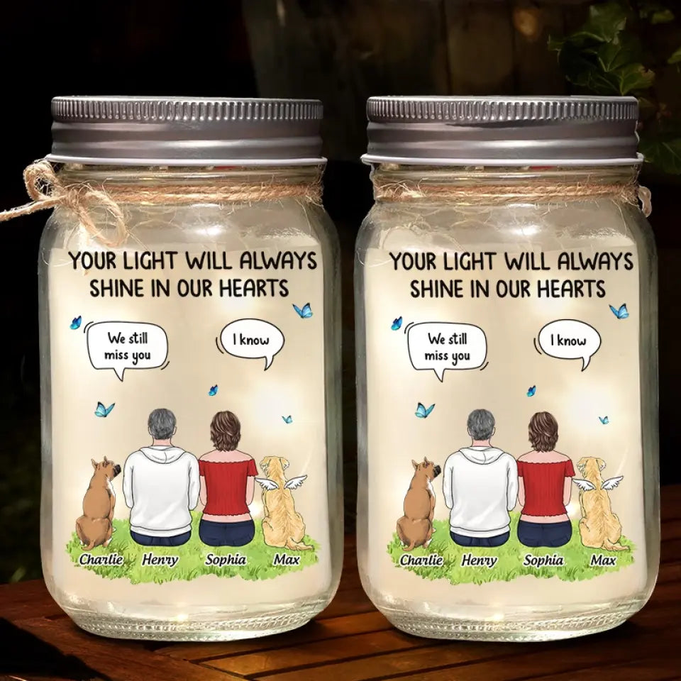 Votre lumière brillera toujours dans nos cœurs - Lampe commémorative personnalisée en pot Mason - Cadeau de condoléances pour les propriétaires d'animaux et les amoureux des animaux