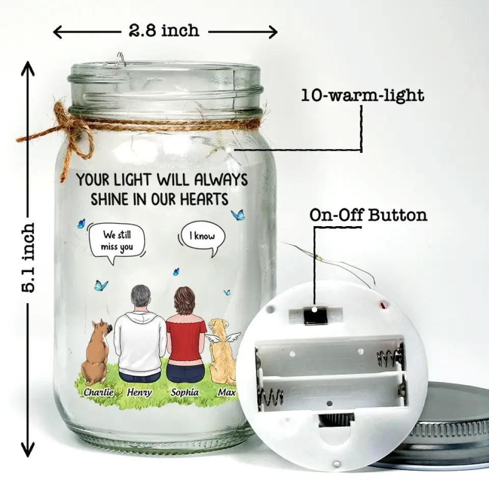 Votre lumière brillera toujours dans nos cœurs - Lampe commémorative personnalisée en pot Mason - Cadeau de condoléances pour les propriétaires d'animaux et les amoureux des animaux