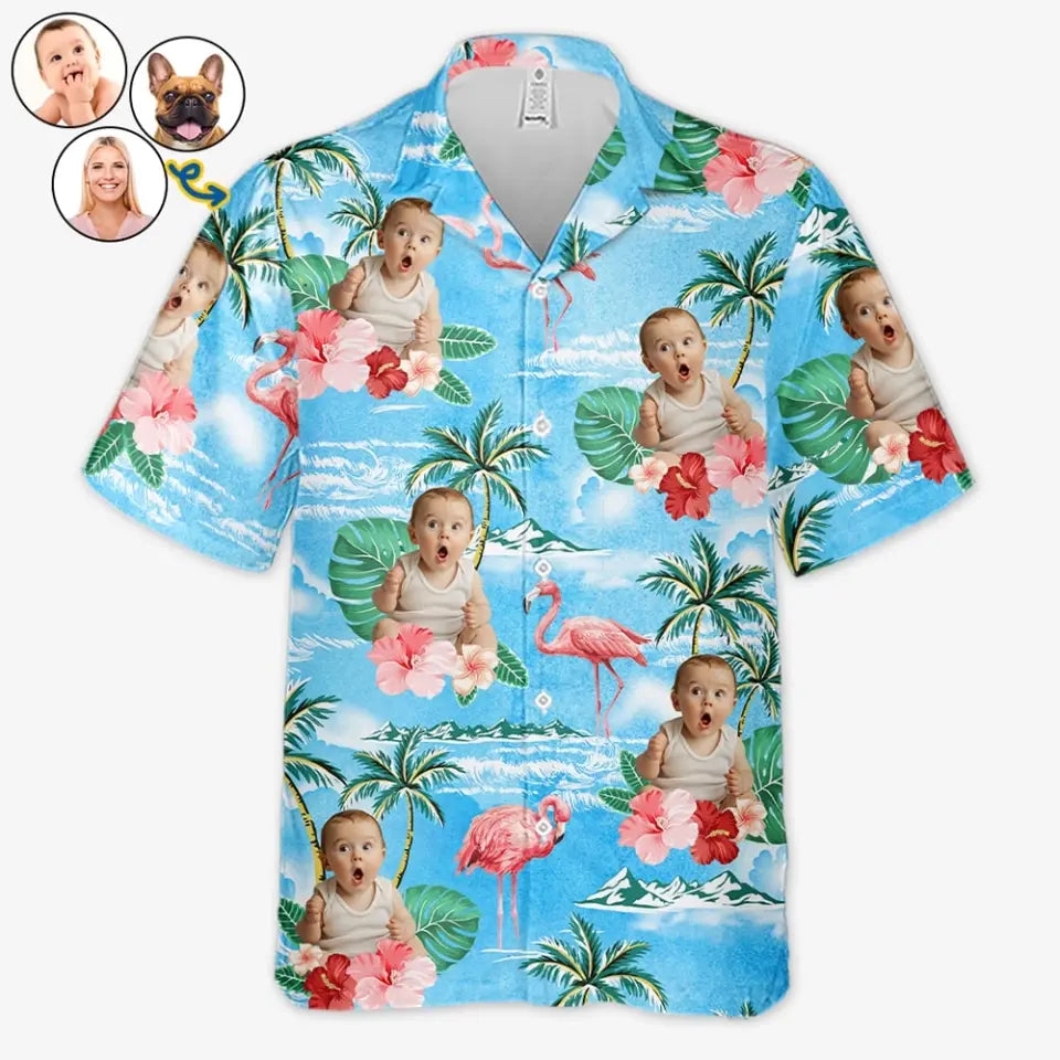 Photo personnalisée en cas d'épreuve, la famille est la meilleure - T-shirt hawaïen tropical unisexe personnalisé pour la famille - Cadeau vacances d'été, cadeau pour les membres de la famille, les propriétaires d'animaux et les amoureux des animaux