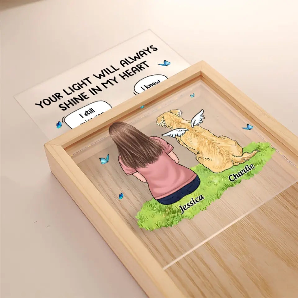 Ta lumière brillera toujours dans mon cœur - Cadre lumineux personnalisé commémoratif - Cadeau de condoléances pour les propriétaires d'animaux de compagnie et les amoureux des animaux