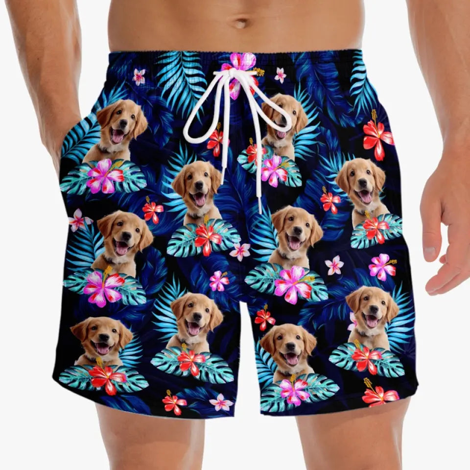 Short de plage hawaïen personnalisé avec photo « Joyeux moments et soleil » pour chien et chat, motif tropical Aloha pour homme - Cadeau idéal pour les vacances d'été, les anniversaires et les amoureux des animaux.