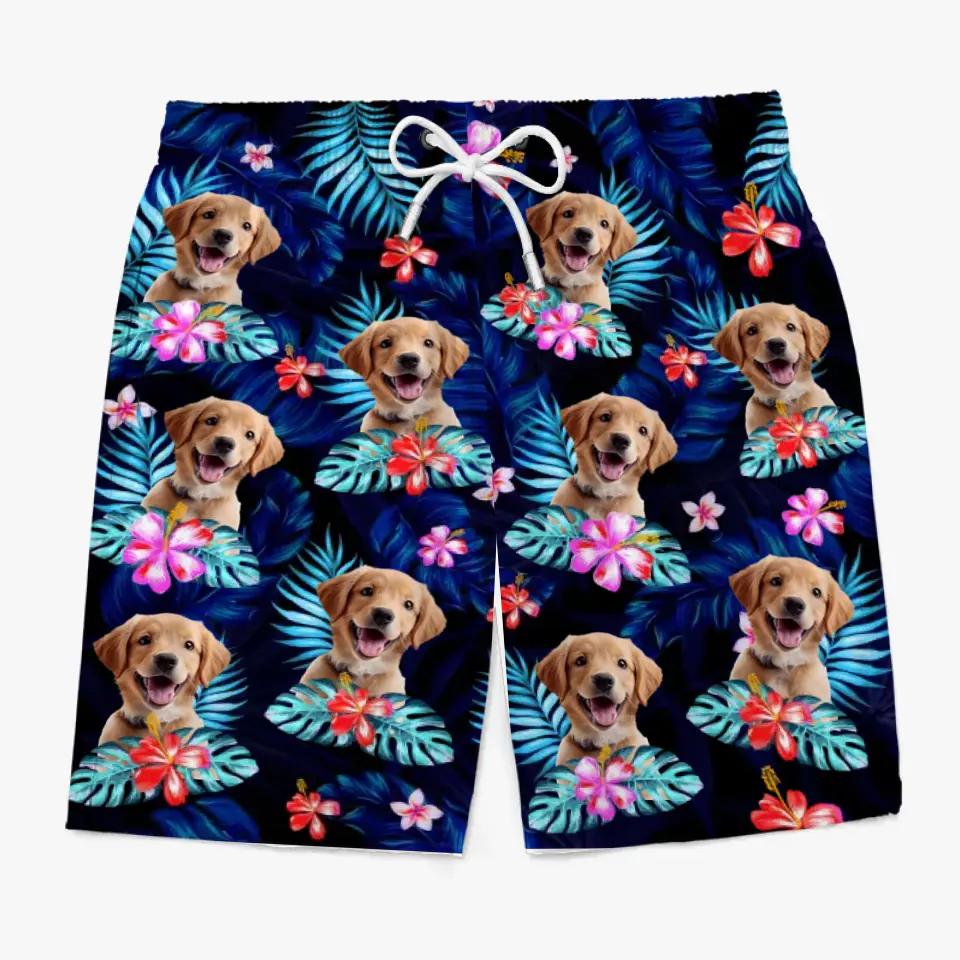 Short de plage hawaïen personnalisé avec photo « Joyeux moments et soleil » pour chien et chat, motif tropical Aloha pour homme - Cadeau idéal pour les vacances d'été, les anniversaires et les amoureux des animaux.