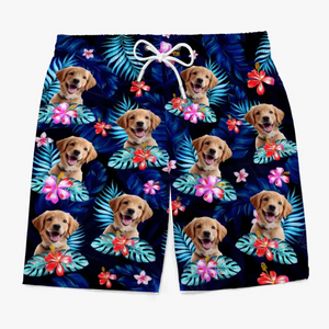 Short de plage hawaïen personnalisé avec photo « Joyeux moments et soleil » pour chien et chat, motif tropical Aloha pour homme - Cadeau idéal pour les vacances d'été, les anniversaires et les amoureux des animaux.