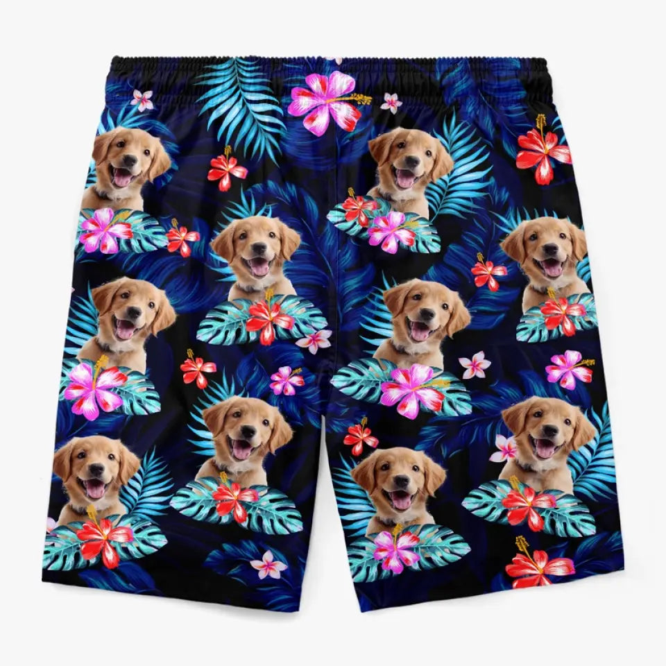 Short de plage hawaïen personnalisé avec photo « Joyeux moments et soleil » pour chien et chat, motif tropical Aloha pour homme - Cadeau idéal pour les vacances d'été, les anniversaires et les amoureux des animaux.