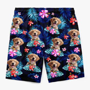Short de plage hawaïen personnalisé avec photo « Joyeux moments et soleil » pour chien et chat, motif tropical Aloha pour homme - Cadeau idéal pour les vacances d'été, les anniversaires et les amoureux des animaux.