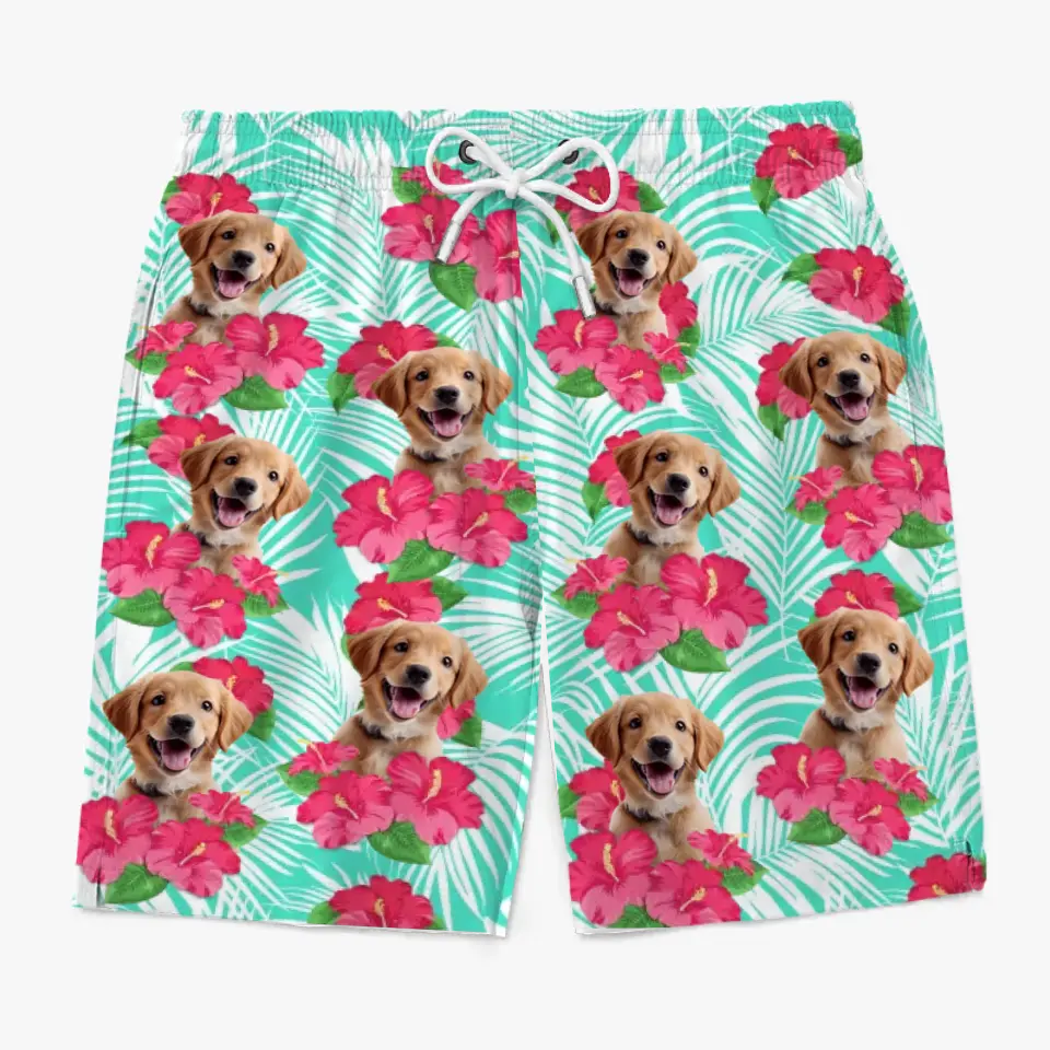 Short de plage hawaïen personnalisé avec photo « Que l'été commence » pour chien et chat, short de plage hawaïen tropical Aloha pour homme - Cadeau de vacances d'été, cadeau d'anniversaire pour propriétaires d'animaux et amoureux des animaux.