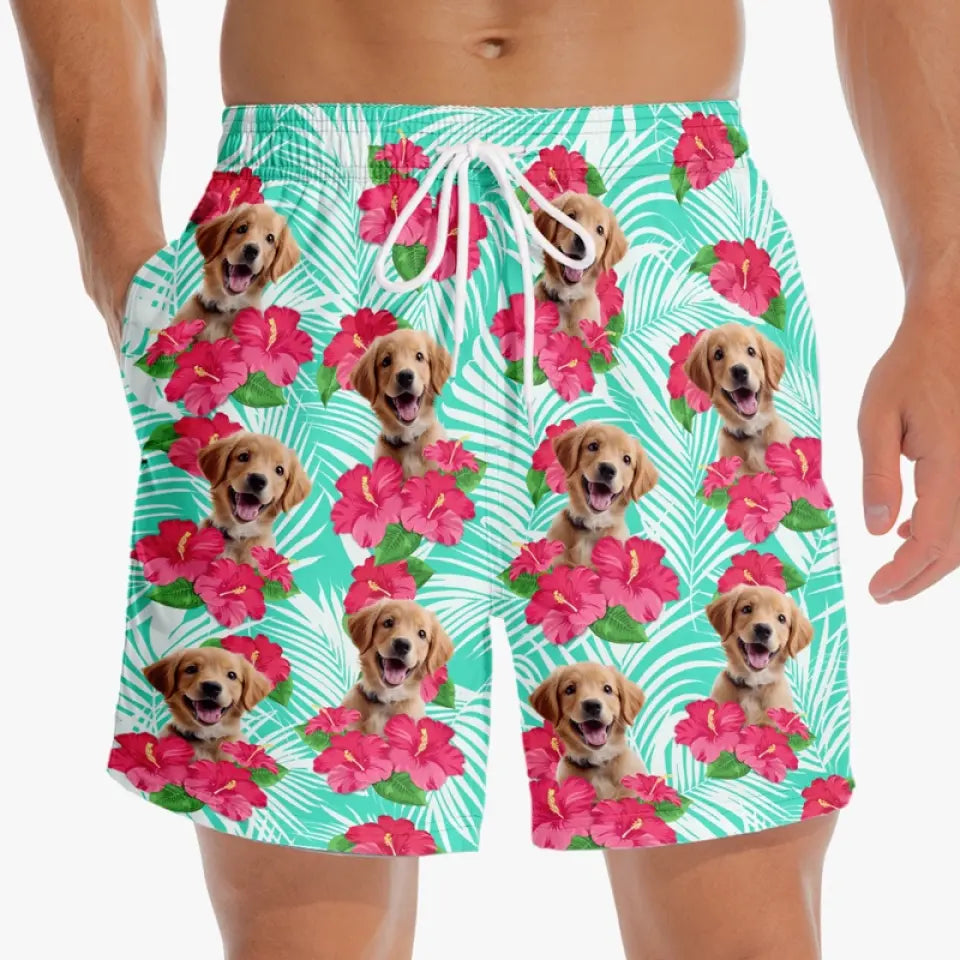 Short de plage hawaïen personnalisé avec photo « Que l'été commence » pour chien et chat, short de plage hawaïen tropical Aloha pour homme - Cadeau de vacances d'été, cadeau d'anniversaire pour propriétaires d'animaux et amoureux des animaux.